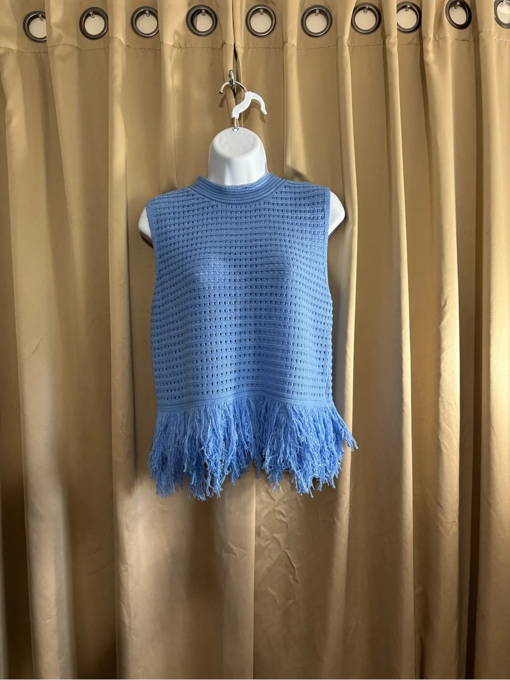 Sleeveless Light Blue Sleeveless Sweater Fringe Top - Picture 1 of 5